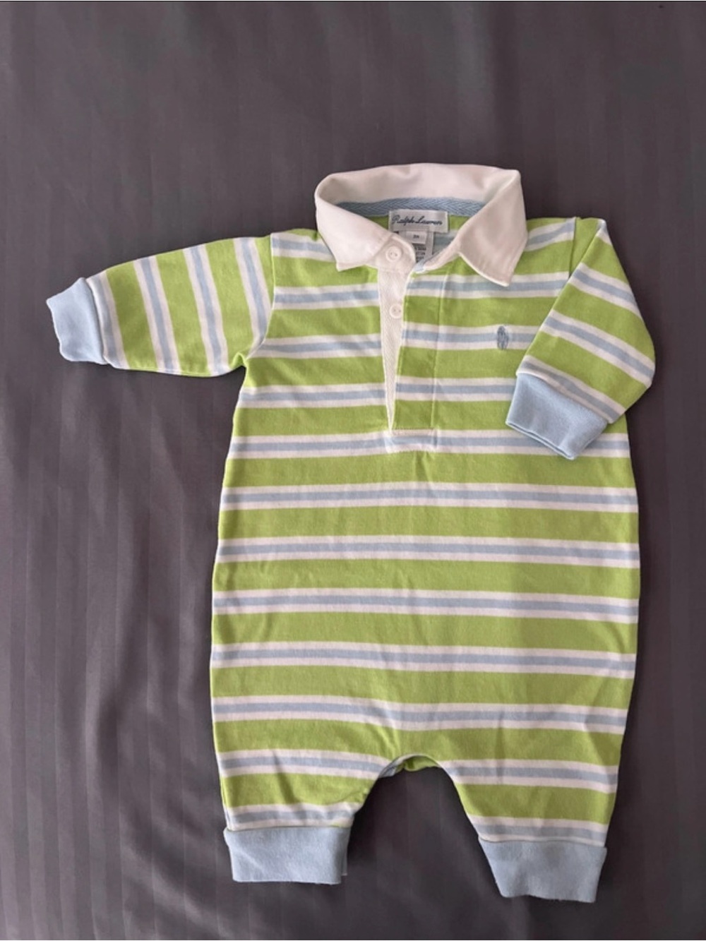 100% Cotton Ralph Lauren Green & White Stripe Baby One-Piece 3m